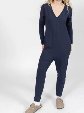 Smash + Tess Friday Romper Heathered Navy V-Neck Long-Sleeve Jumpsuit Pockets